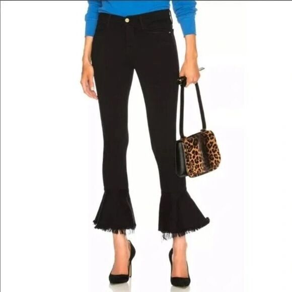 FRAME Le Skinny De Jeanne Flounce Jeans With Raw Edge In Black Size 27 - Picture 1 of 8